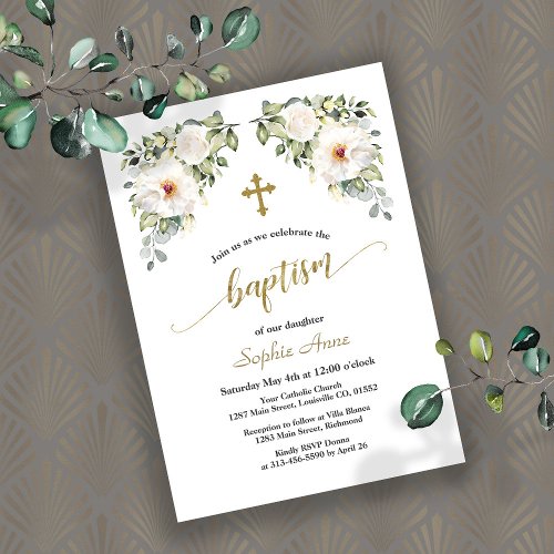 Charming White Flowers Gold Baptism Calligraphy Invitation
