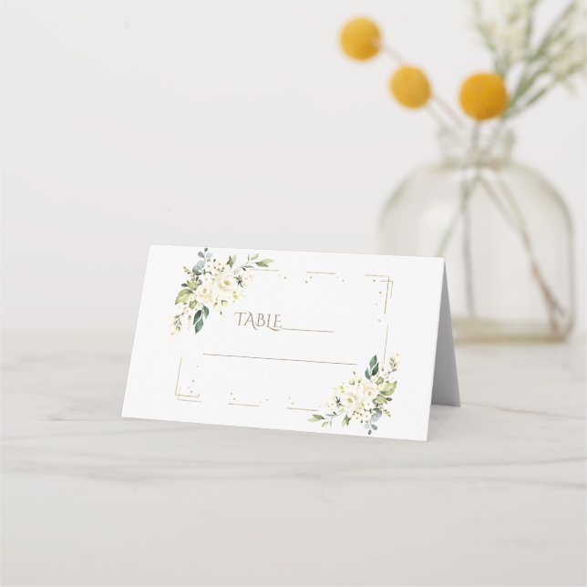 Charming White Flowers Gold Baptism Table Number Place Card (Front)