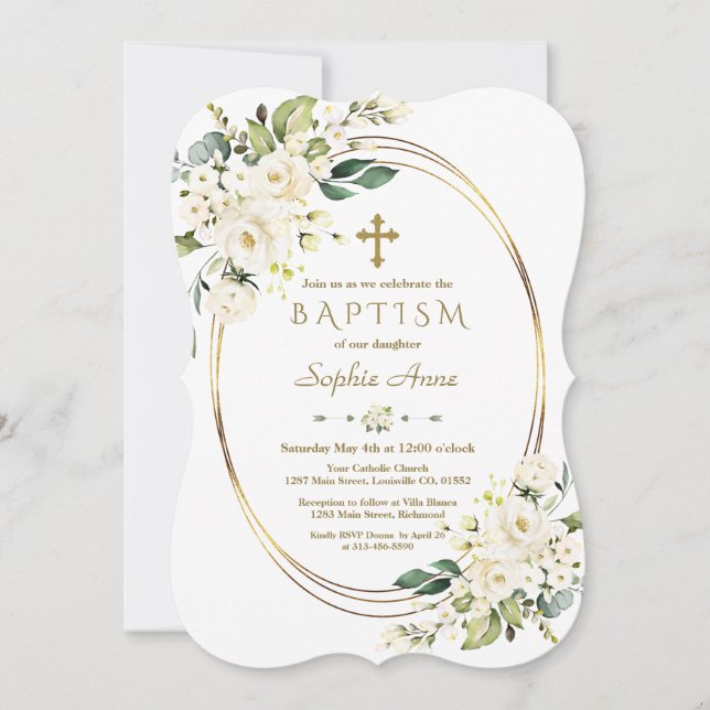 Charming White Flowers Gold Cross Frame Baptism Invitation (Front)