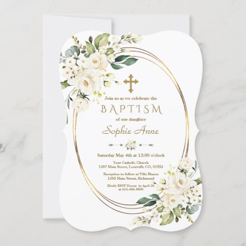 Charming White Flowers Gold Cross Frame Baptism Invitation