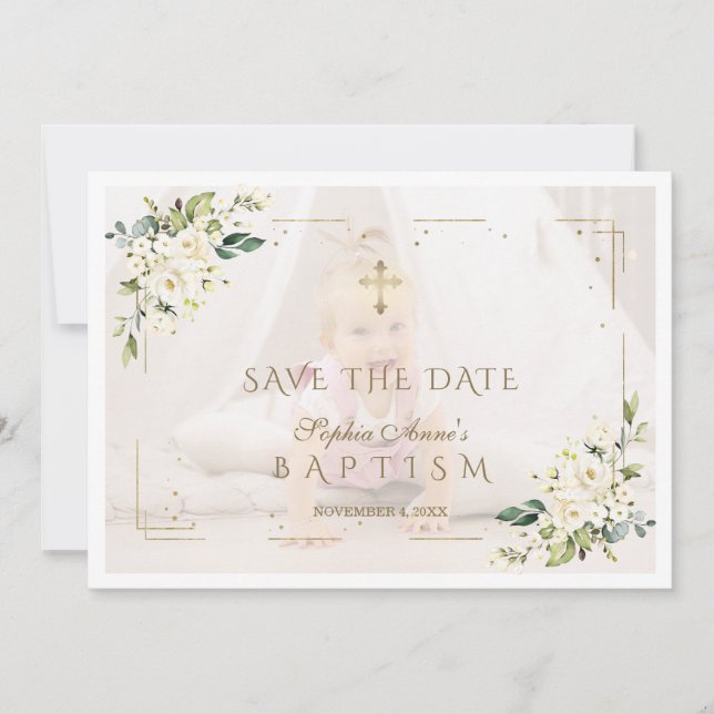 Charming White Flowers Photo Girl Baptism  Save The Date (Front)