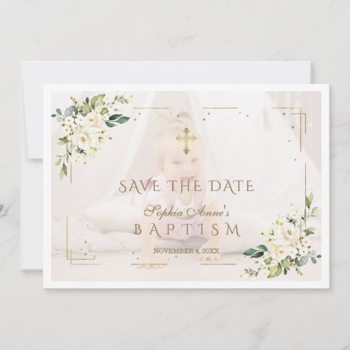 Charming White Flowers Photo Girl Baptism  Save The Date