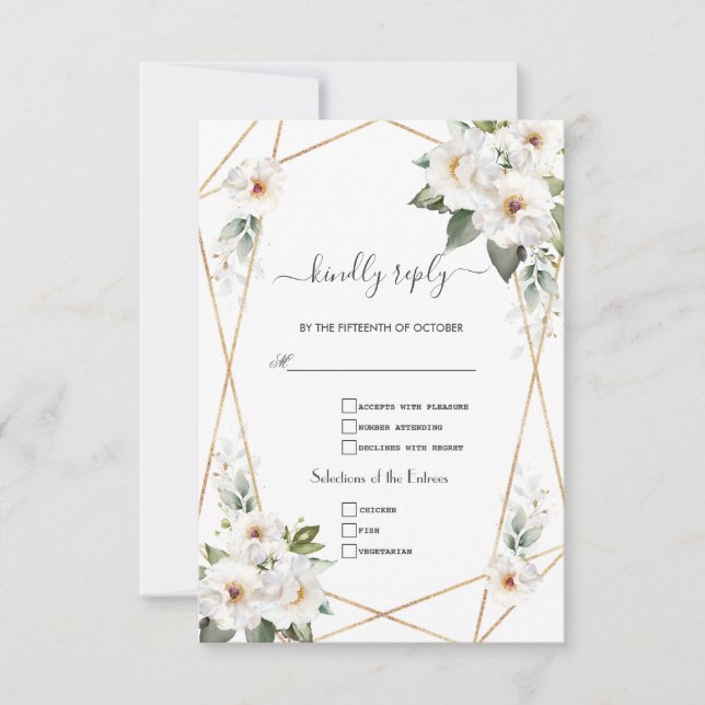 Charming White Flowers Rose Gold Wedding  RSVP Card (Front)