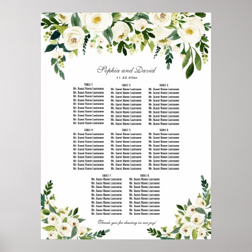 Charming White Flowers Wedding Seating Chart