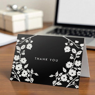 Charming White Folk Flowers Black Thank You Custom Card