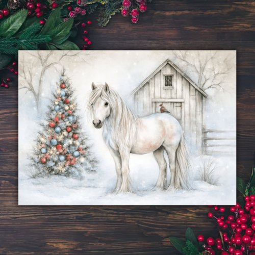 Charming White Horse and Snowy Barn Christmas Holiday Card