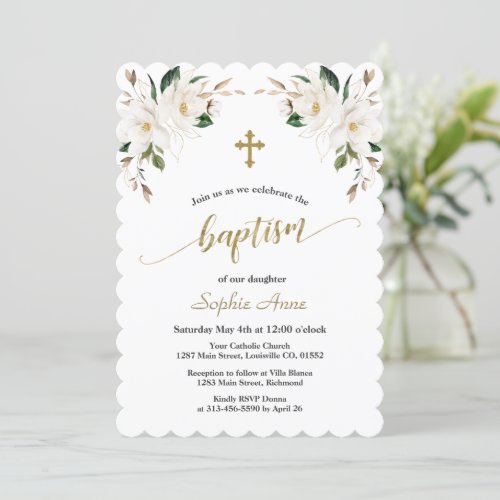 Charming White Magnolia Gold Baptism Calligraphy Invitation