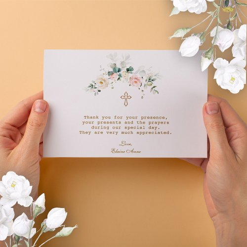 Charming White Pink Floral Gold Cross Baptism  Thank You Card