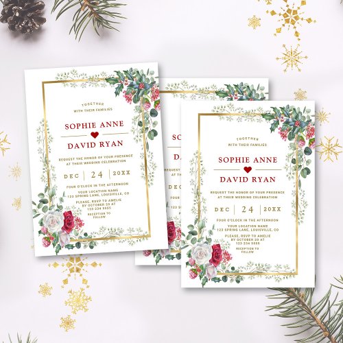 Charming White Red Floral Gold Christmas Wedding  Invitation