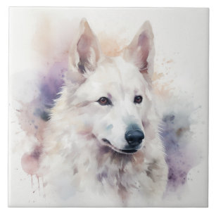 Charming White Sapsali Dog Watercolor Portrait Ceramic Tile