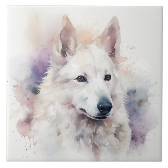 Charming White Sapsali Dog Watercolor Portrait Ceramic Tile (Front)