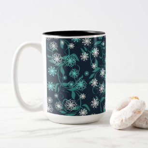 Charming White & Teal Floral Two-Tone Coffee Mug