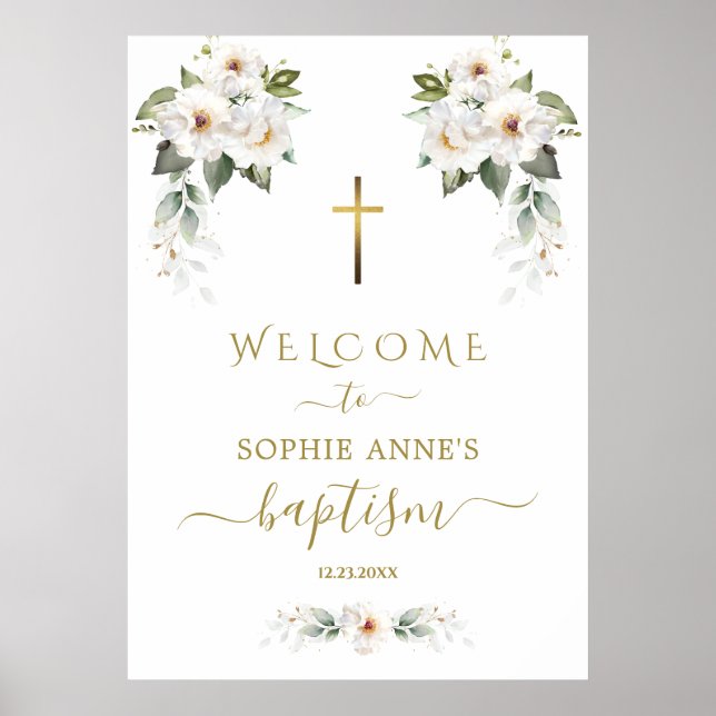 Charming Wild White Roses Baptism Welcome Sign (Front)