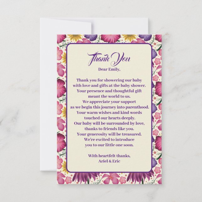 Charming Wildflower Pink Baby Shower  Thank You Card (Front)