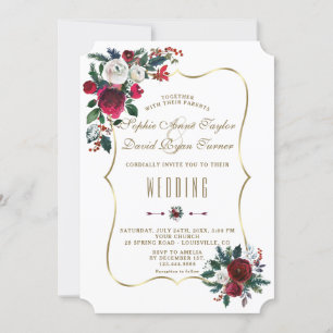 Charming Winter Burgundy Floral Pine Gold Wedding Invitation