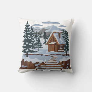 Charming Winter Cabin Art for Home Decor Throw Pillow