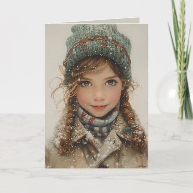 Charming Winter Portrait Young Girl  Holiday Card (Front)