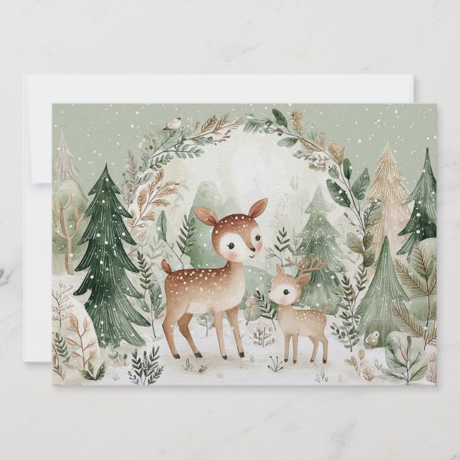 Charming winter scene with deer Merry Christmas Holiday Card (Front)