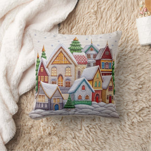Charming Winter Village Embroidery Throw Pillow