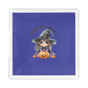 Charming Witch Girl Halloween Decor with Pumpkins Acrylic Tray