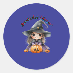 Charming Witch Girl Halloween Decor with Pumpkins Classic Round Sticker