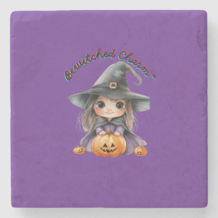 Charming Witch Girl Halloween Decor with Pumpkins Stone Coaster