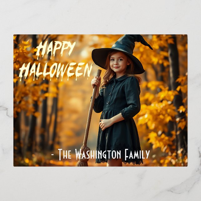 Charming Witch-Themed Halloween Foil Invitation Postcard (Front)