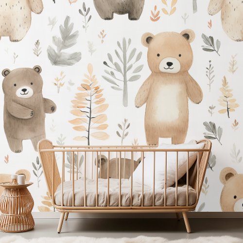 Charming Woodland Baby Bear Watercolor Wallpaper
