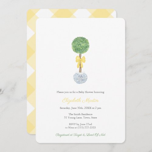 Charming Yellow and Green Hamptons Baby Shower Invitation - Handpainted topiary ball in a ginger jar planter adorned with floppy bow for this classic baby shower invitation design. This was handpainted by yours truly in watercolors onto 100% cotton paper and scanned into digital form.