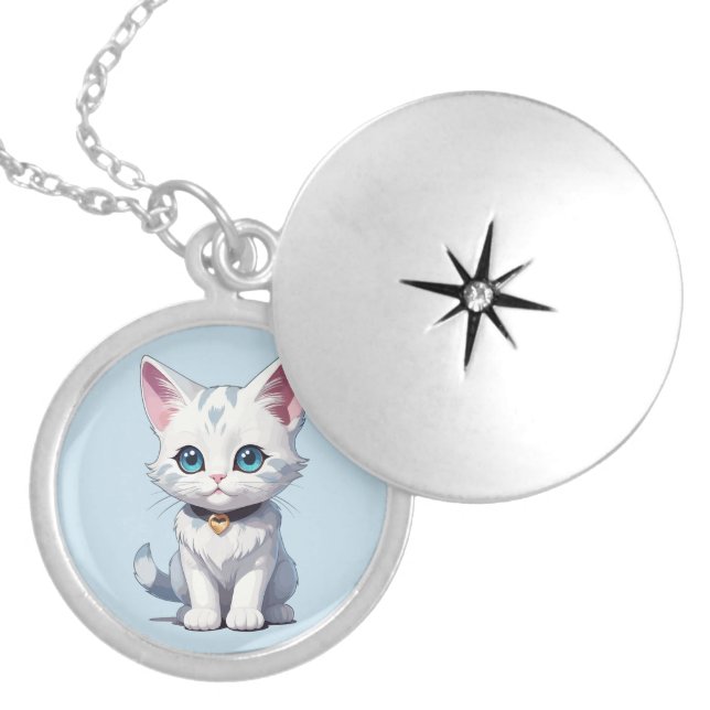 Charmingly White Cat Design Locket Necklace (Front)