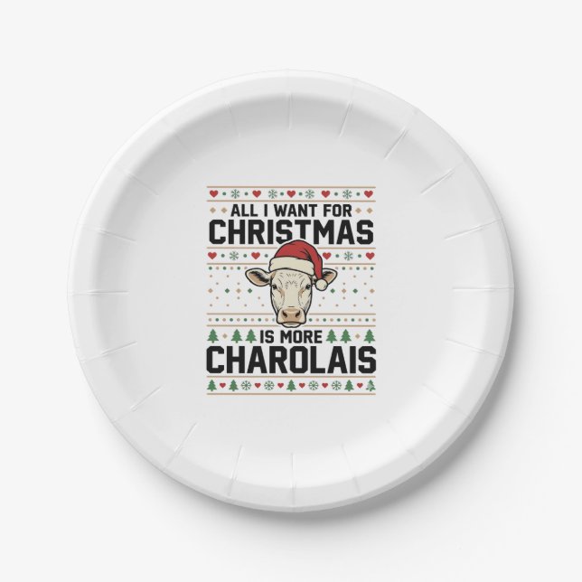 Charolais Christmas Cow Ugly Sweater Vector Design Paper Plates (Front)