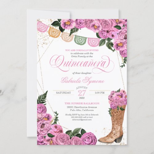Charra Blush Pink Roses Cowgirl Boots Quinceaera Invitation