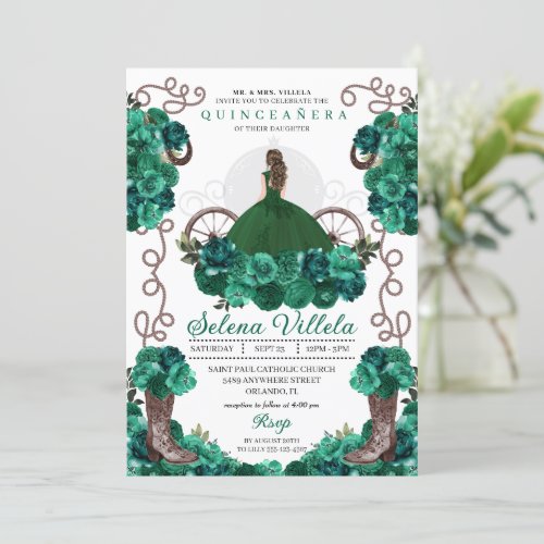 Charra Princess Green Floral Boots Quinceaera Invitation