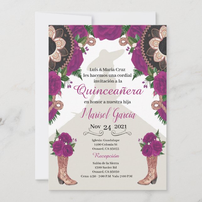 Charra Quinceanera Invitation, Purple Mariachi (Front)