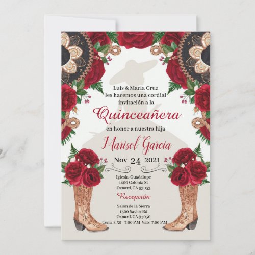 Charra Quinceanera Invitation Red Roses Mariachi