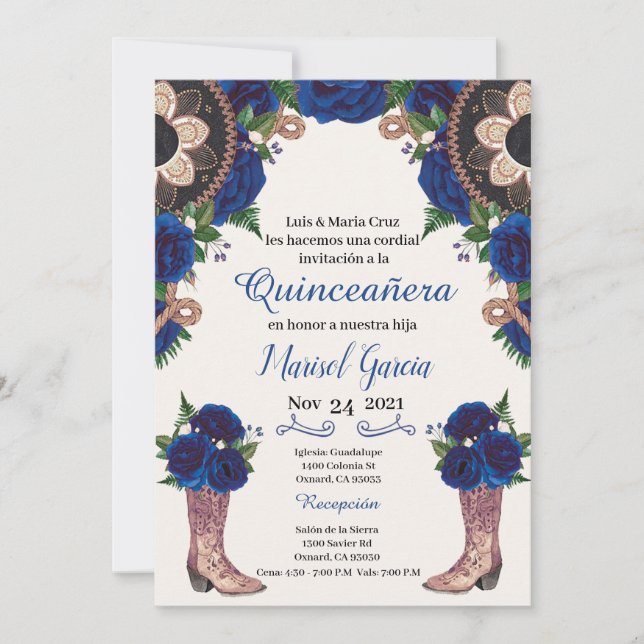 Charra Quinceanera Invitation, Royal Blue Mariachi (Front)