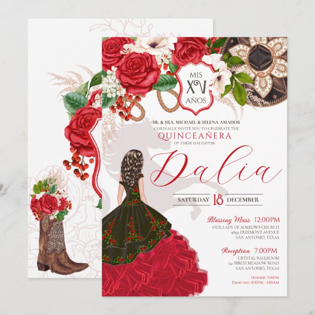 Charra Quinceañera Red Rose Floral Crest Western I Invitation (Front/Back)