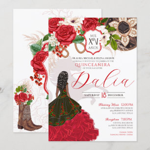 Charra Quinceañera Red Rose Floral Crest Western Invitation