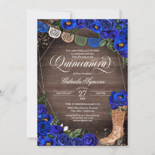Charra Rustic Cowgirl Boots Blue Roses Quinceañera Invitation