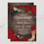 Charra Rustic Cowgirl Boots Red Roses Quinceañera Invitation (Front/Back)