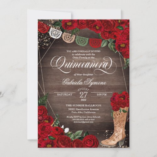 Charra Rustic Cowgirl Boots Red Roses Quinceaera Invitation
