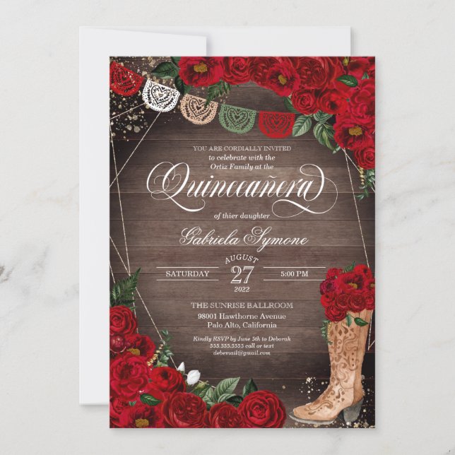 Charra Rustic Cowgirl Boots Red Roses Quinceañera Invitation (Front)