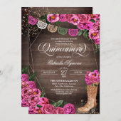 Charra Rustic Cowgirl Pink Rose Quinceañera Invitation (Front/Back)