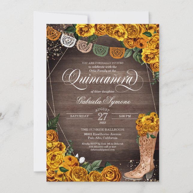 Charra Rustic Cowgirl Yellow Rose Quinceañera Invitation (Front)