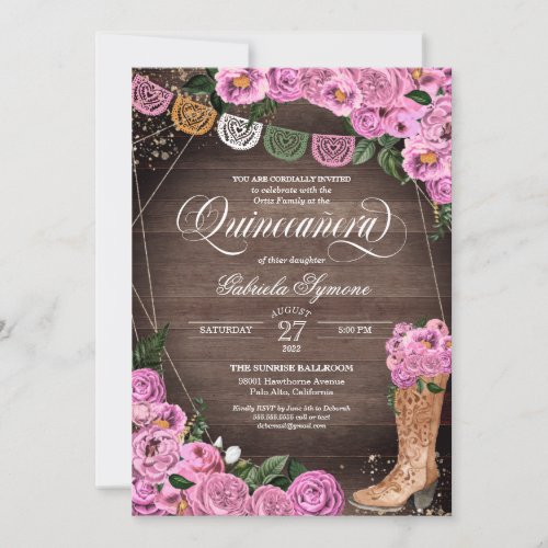 Charra Rustic Pink Roses Cowgirl Boots Quinceaera Invitation