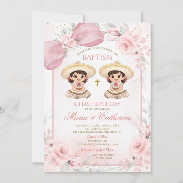 Charra Twin Girl Pink Floral Baptism 1st Birthday Invitation (Front)