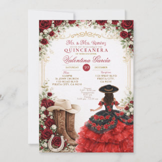 Charra Western Quince Red Rose Quinceañera Invitation