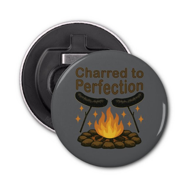 Charred to Perfection Funny Campfire Hot Dog Bottle Opener (Front)