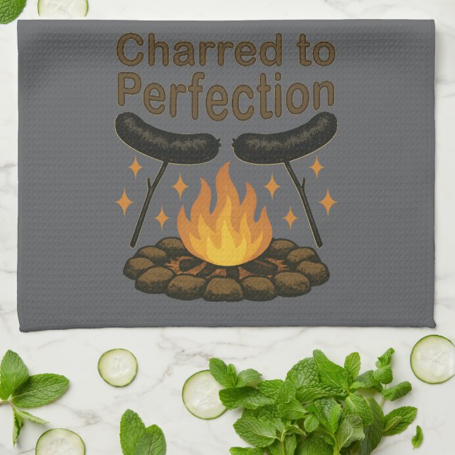 Charred to Perfection Funny Campfire Hot Dog Kitchen Towel (Folded)