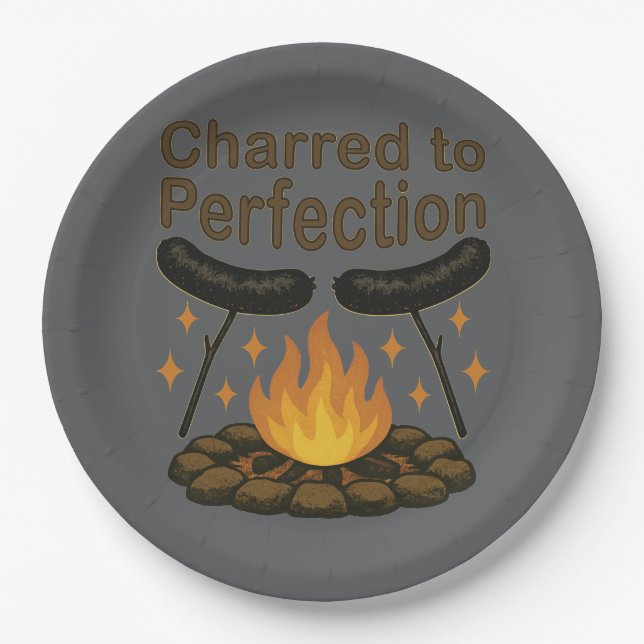 Charred to Perfection Funny Campfire Hot Dog Paper Plates (Front)